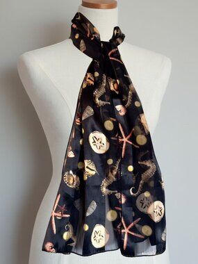 Vintage 1990s Sheer Sea Life Scarf 60in Black Chiffon Coastal Nautical Elegant